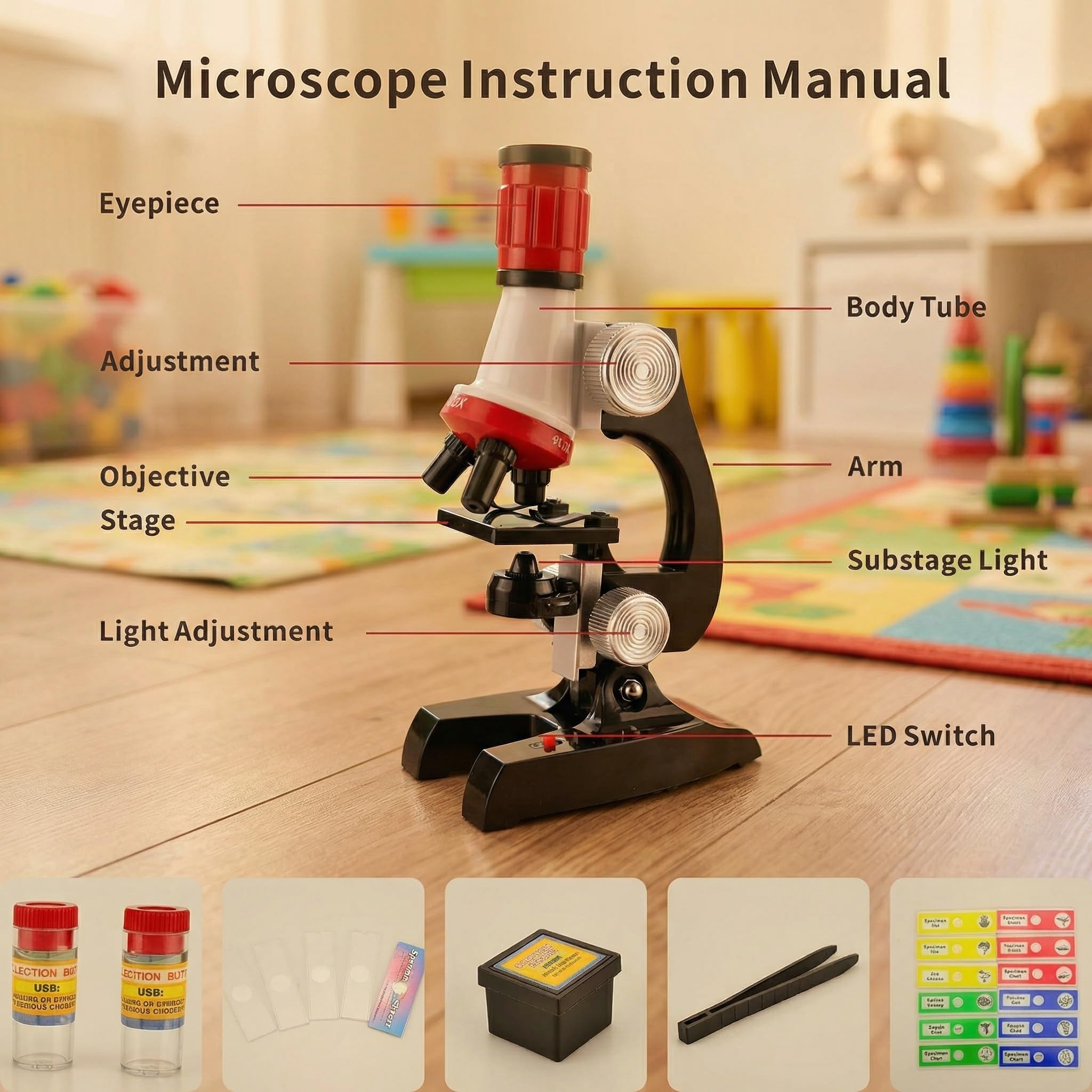 Kids Microscope Kit with LED Light - 100X/400X/1200X Magnification for STEM Learning, 12 Prepared Slides, Easy-to-Use Science Learning Kit (Ages 5-12) - Image 9