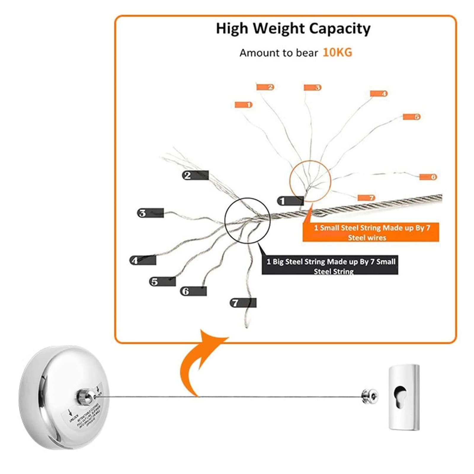 Little World Retractable Clothesline - 2PK 304 Stainless Steel Clothes Line, Durable Heavy Duty Adjustable Retract Clothesline with Wire Rope for Indoor Outdoor Laundry Room (9.2FT Steel String) - Image 3