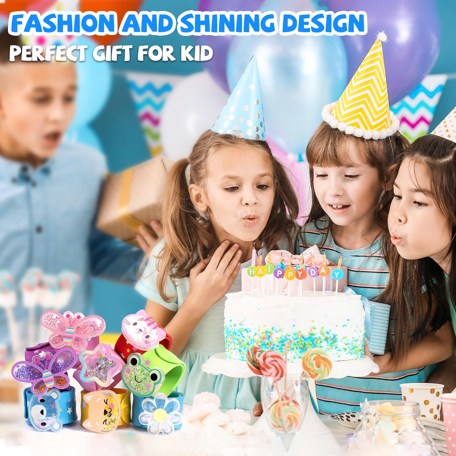 Little World Slap Bracelets, Unisex Kids Glitter Shaker Bracelets with Silicone Wristbands, Cartoon Animal Design (8pcs) - Image 3